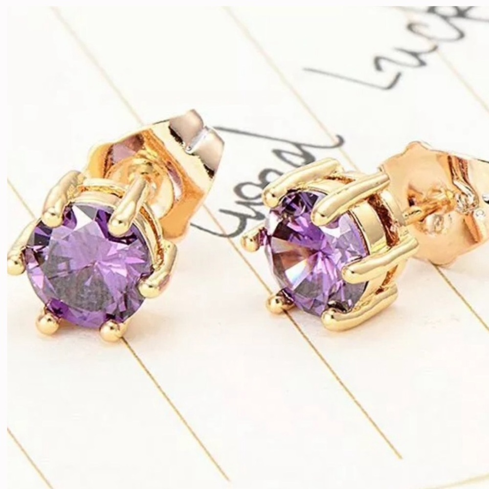 18k Yellow Gold filled Amethyst Earrings 8mm - Picture 2 of 3